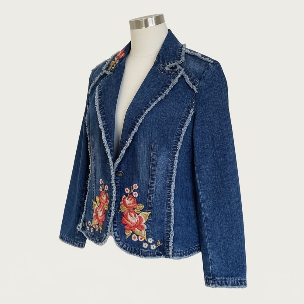 Y2K Vintage Kikit Floral Embroidered Tailored Denim Jacket